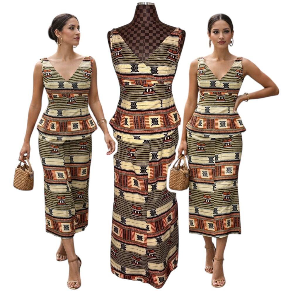 Vintage Hang Ten Tribal 2-Piece Set Woven Peplum Top Maxi Skirt Size Small Tiki